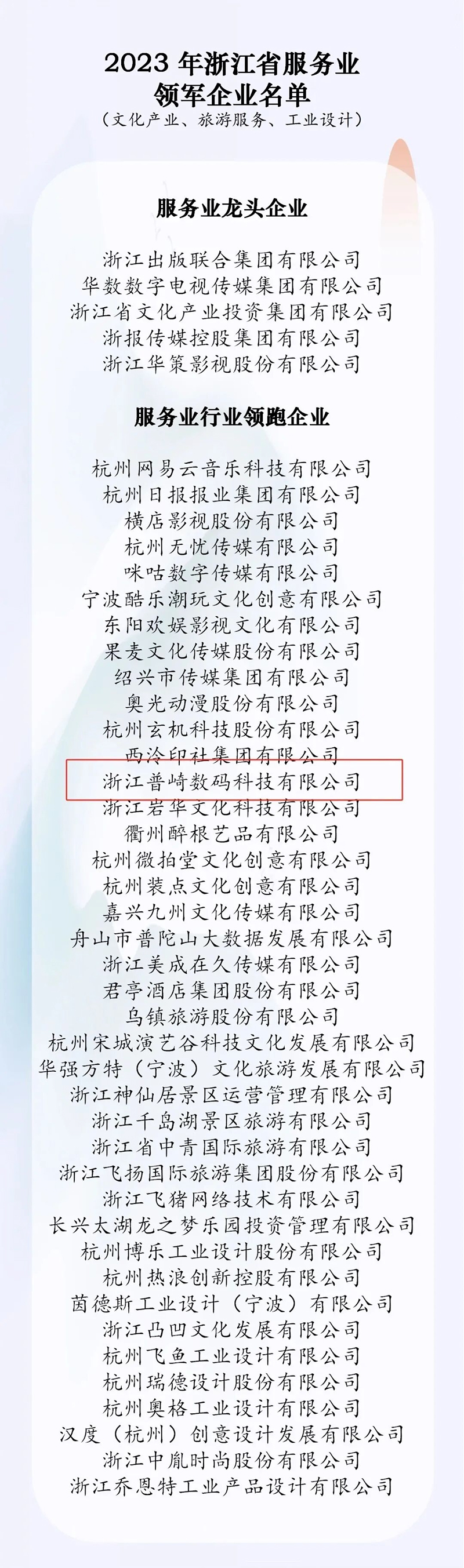 The only one in the city! Puqi Digital was rated as "Leading Enterprise in the Service Industry (Cultural Industry) Industry in Zhejiang Province"